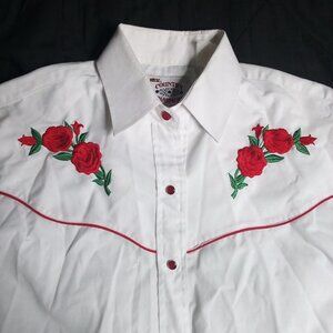 Vintage Ely Country Charmers Red Roses Embroidered Western Pearl Snap Shirt